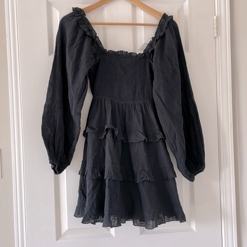 Olivaceous Tiered Back Tie Mini Peasant Long Sleeve Dress Size Small NWT